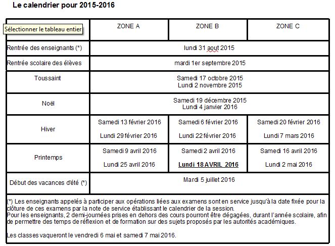 Calendrier scolaire 2015 2016